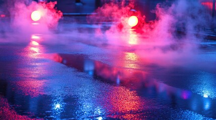 Wet asphalt glowing with reflections of neon lights, illuminated searchlights, and swirling smoke creating a moody urban atmosphere.