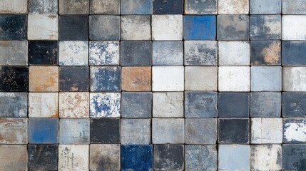 Worn vintage patchwork tiles in gray, blue, and white arranged on a textured stone concrete wall, creating a rustic and unique background panorama.