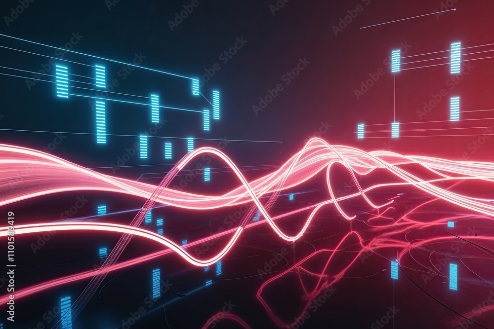 Poster vibrant 3d abstract visualization with luminous neon waves and advanced digital technology