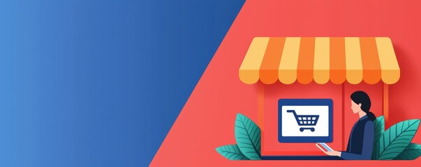 Naklejka premium Mobile App E-commerce Business concept. Dynamic illustration of a woman browsing a secure e-commerce app with seamless payment processing visuals, digital shopping concept