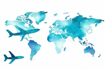 Watercolor Map with Airplane and Boat Icons