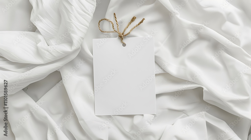 Poster a blank card tied with twine on a textured white fabric background, ideal for customizable design or