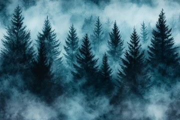 Watercolor Misty Forest Silhouette with Blue Flowing Layers