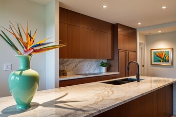 Bright Open Concept Kitchen with Elegant White Granite Countertop and Mint Green Vase in Golden Hour Light