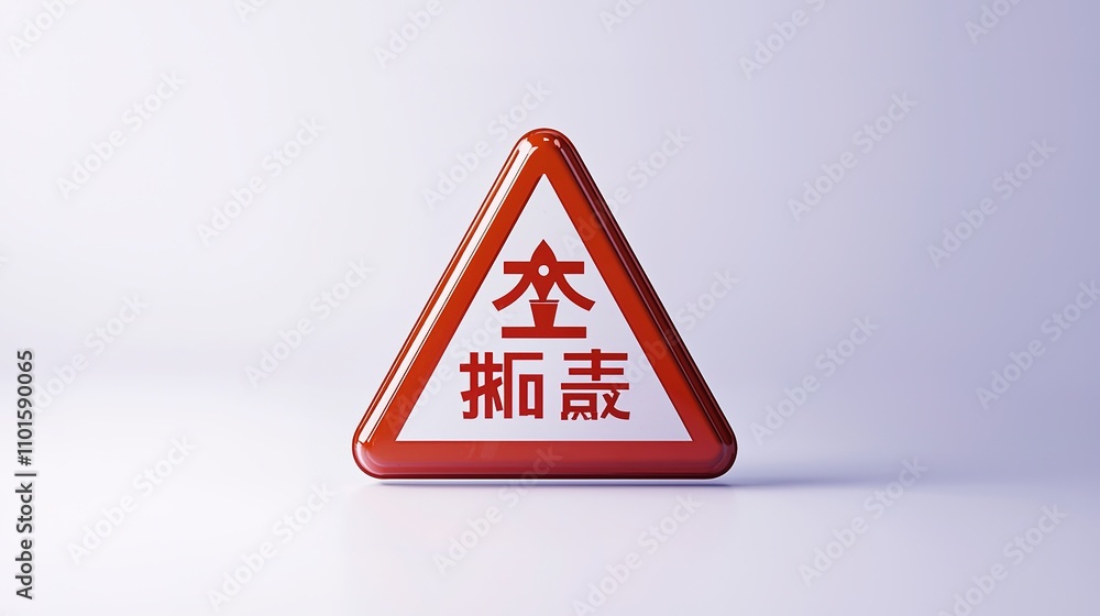 Poster a triangular warning sign with chinese characters indicating a caution or alert message, designed in