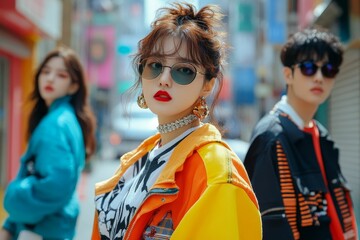 Stylish woman, colorful clothing, urban backdrop.