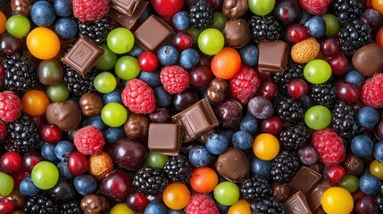 Colorful Array of Juicy Berries, Rich Chocolates, and Glimmering Candied Fruits Blended Together in a Sweet Display