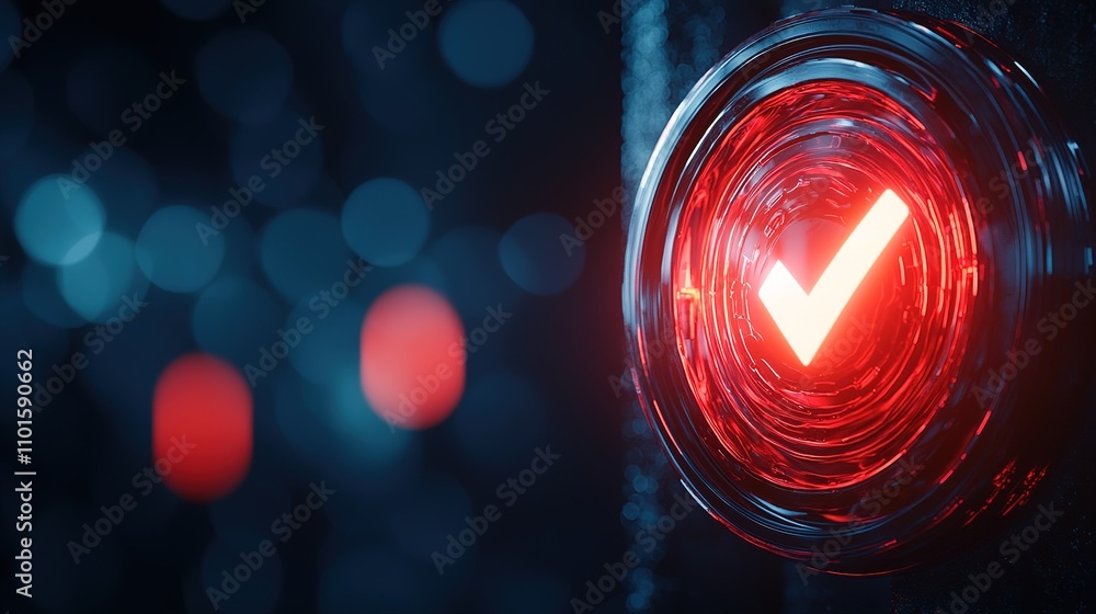 Poster a glowing red checkmark button against a dark, blurred background, suggesting confirmation or approv