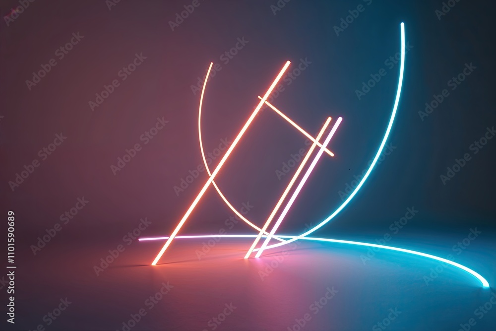 Poster luminous 3d visualization of abstract geometry with bright neon arcs dancing in shadows