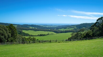 Fototapeta premium Serene Valley Vista: A breathtaking panoramic view of a lush green valley, rolling hills, and a clear blue sky. Perfect for travel, nature, or real estate projects. 
