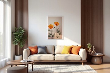 Living room interior design in natural  tones. Minimalism with country elements. White walls, wooden wall panels, light furniture and interior items creating a cozy and comfortable atmosphere - genera