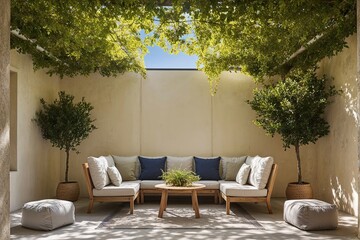 Soft Leafy Canopy Shade with Brilliant Morning Light on Pale Cream Plaster Wall for a Welcoming Outdoor Seating Atmosphere