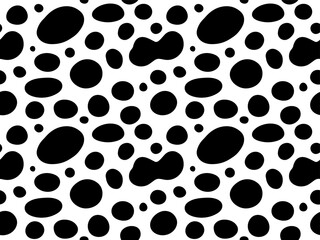 Liquid blob shapes seamless pattern. Vector organic random forms background. Black abstract fluid silhouette, simple smooth ink stain, incorrect circles. Round flat design elements.