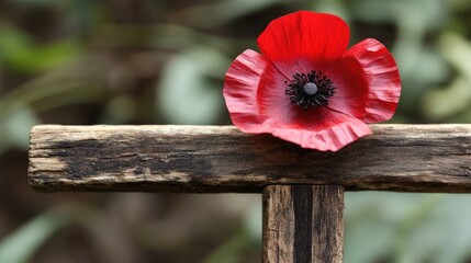 Red remembrance poppy resting on a rustic wooden cross, symbolizing tribute and honor for military service and sacrifice.