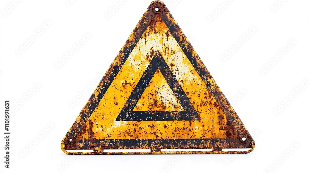 Poster a rusty, weathered triangular warning sign featuring a black triangle on a yellow background, evokin