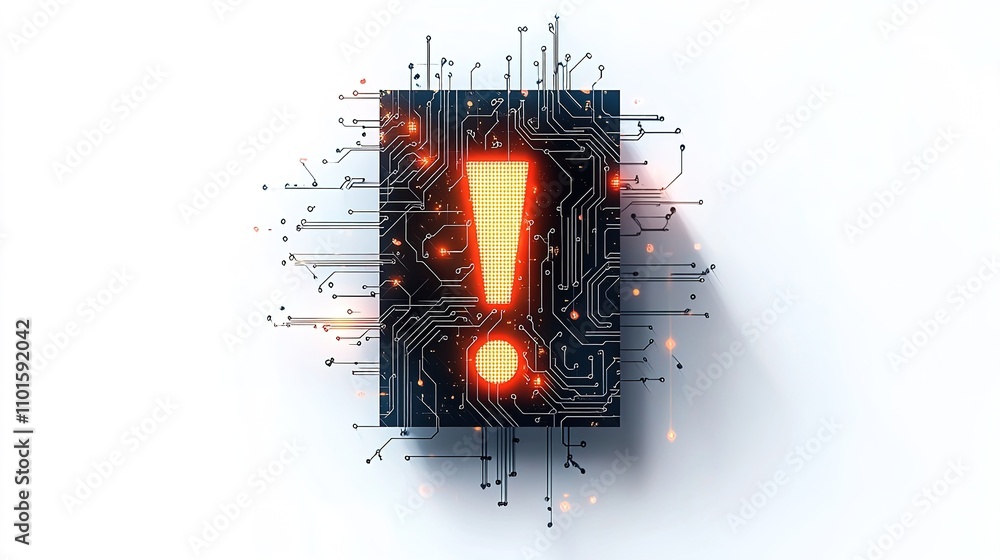 Poster a vibrant warning sign featuring an exclamation mark, surrounded by circuit-like patterns and glowin