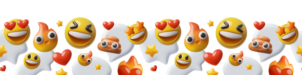 Social media 3D plastic style border design, vector cute smiley emoticons, poop and fire emoji, speech bubble and heart