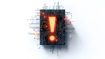 A vibrant warning sign featuring an exclamation mark, surrounded by circuit-like patterns and glowing elements, representing technology and alertness.