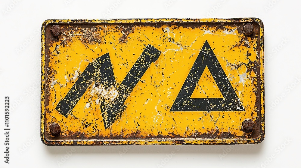 Poster a weathered yellow sign features a zigzag and triangular symbol, suggesting caution or warning in a 