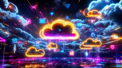 Colorful digital cloud network with symbols and vibrant clouds