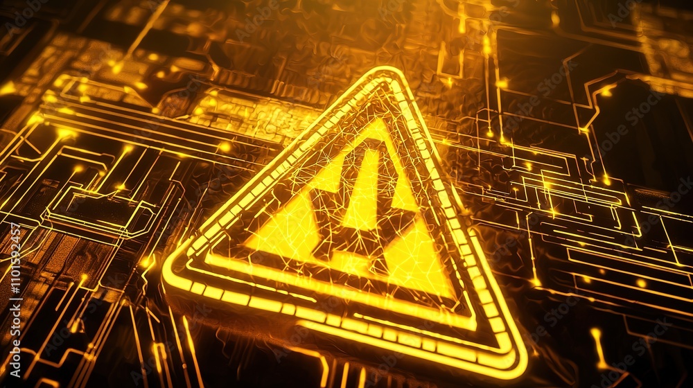 Poster a glowing yellow warning symbol against a circuit board background, symbolizing caution and alertnes