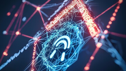 A futuristic digital network image featuring interconnected lines and nodes, highlighting a central icon with a glowing blue and red design.