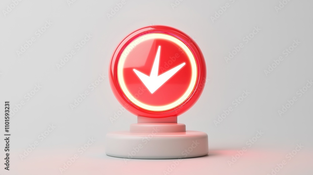 Poster a circular red button with a downward arrow, illuminated, likely indicating a download or action pro