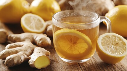 A steaming cup of herbal tea with lemon and ginger slices, surrounded by fresh ginger roots and lemons on a rustic wooden surface.