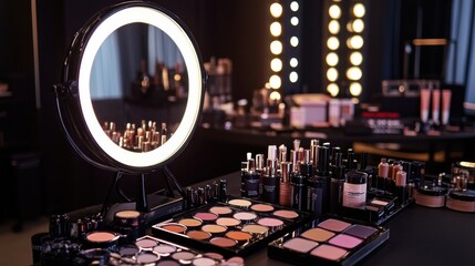 A professional makeup artist s station filled with various cosmetics, including contouring palettes, blushes, and eyeliners, with a large ring light illuminating the scene