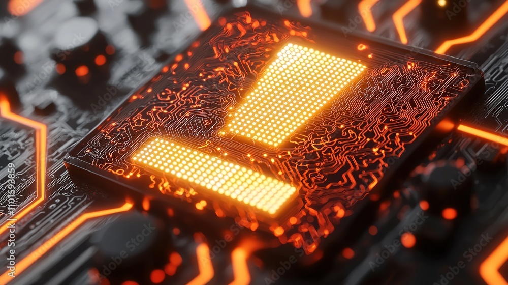 Poster a close-up of a circuit board with glowing orange elements, highlighting intricate designs and techn