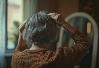 Fototapeta premium Elderly woman styling her silver hair in cozy indoor setting