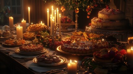 Naklejka premium inviting dinner table, adorned with plates of freshly prepared food and desserts, surrounded