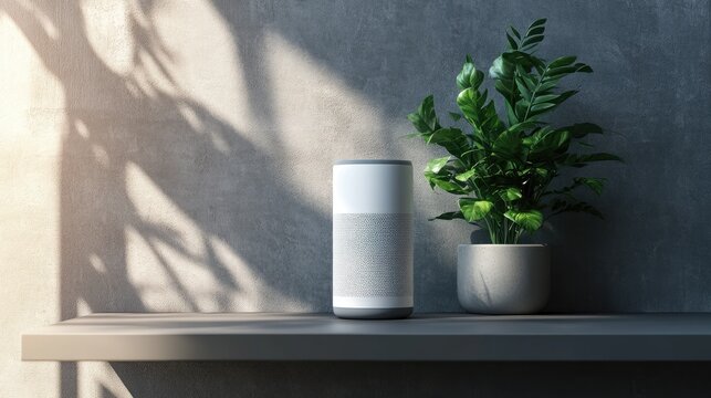 Voice-activated speaker featuring advanced voice recognition technology positioned on a sleek shelf beside a stylish potted plant against a textured wall.