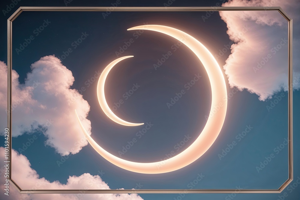 Poster dreamy 3d render of asymmetric crescent shapes glowing among soft clouds with an octagonal frame