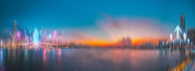 Fototapeta premium Vibrant up arrow on Hong Kong city with motion blur effect
