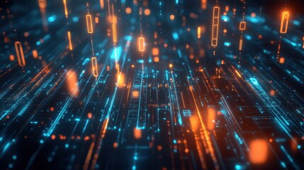 Fototapeta premium Abstract digital landscape with glowing lines and particles in blue and orange hues.