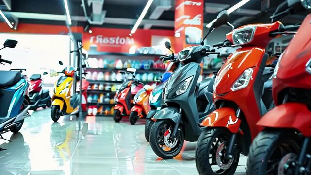 A row of new electric scooters are lined up in a showroom, ready for purchase. The image evokes associations with power, extreme sports, speed and the open road.