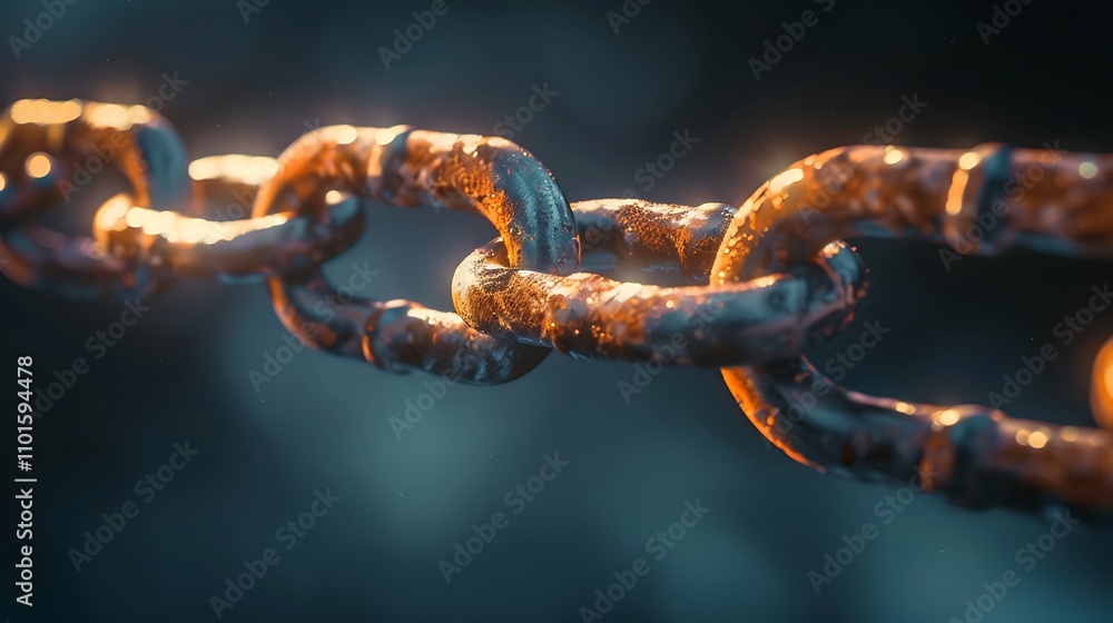 Poster a close-up view of a rusty metal chain with a glowing effect, showcasing texture and detail.