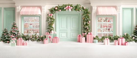 Festive christmas display cozy boutique holiday decorations charming interior eye-level view whimsical vibes and cheerful atmosphere