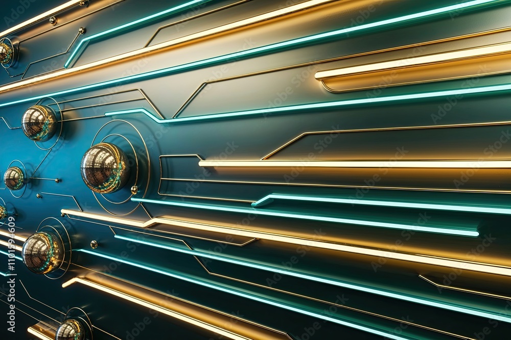 Poster 3d neon lines in gold and teal create a striking abstract backdrop with shimmering spheres and dynam