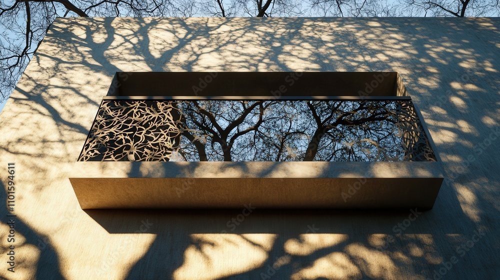 Poster intricate shadow of a large tree cast on the wall of a building, its branches stretching across the 