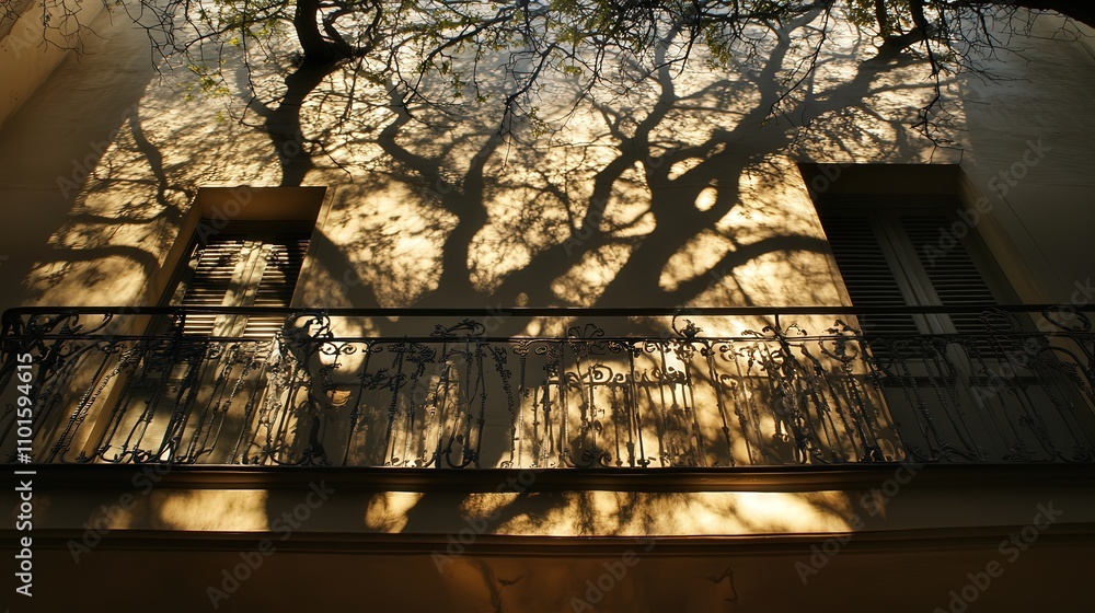 Poster intricate shadow of a large tree cast on the wall of a building, its branches stretching across the 
