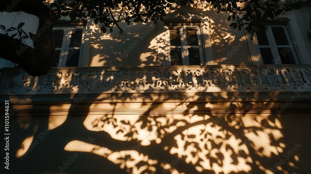 Poster intricate shadow of a large tree cast on the wall of a building, its branches stretching across the 