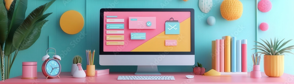Poster a vibrant workspace featuring a computer with colorful notes, books, and decorative elements, creati