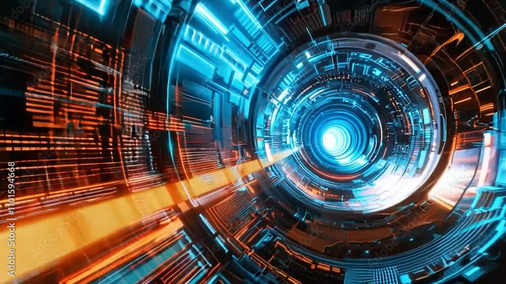 Aufkleber a vibrant digital tunnel showcases swirling patterns of blue and orange lights, creating a sense of 