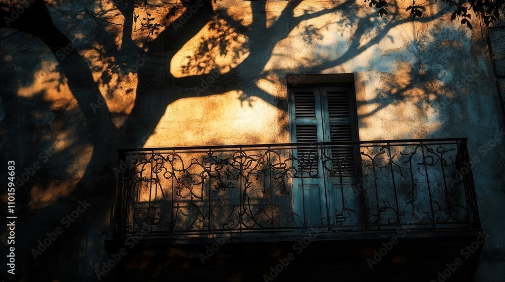 Poster intricate shadow of a large tree cast on the wall of a building, its branches stretching across the 