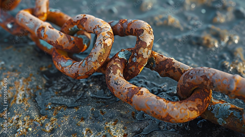 Poster a close-up of a rusty chain lying on a textured surface, showcasing weathering and decay.