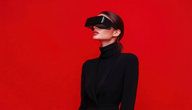 Woman wearing virtual reality headset in front of bold red background