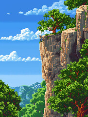 Colorful Pixel Art Environment for Side Scrolling Video Game Featuring Characters and Lush Landscapes with Rocks, Trees, and Sky