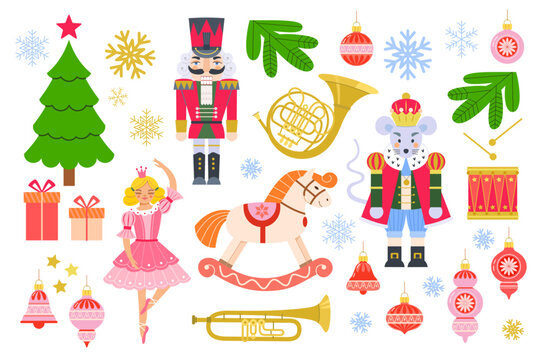 Fairytale ballet characters: Nutcracker, Mouse King, dancing ballerina in pointe shoes, rocking horse, trumpet, drum, French Horn, Christmas tree, gifts, snowflakes, Christmas tree balls, icicles.